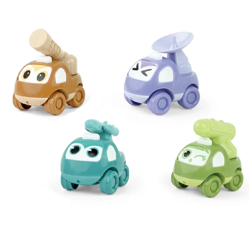 Pack of 4 Mini Cartoon Cars – Inertia Cars with Fun Accessories