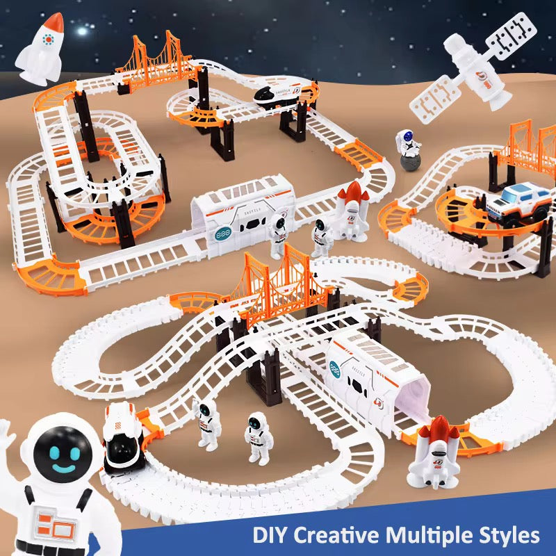 128 PCS Space Adventure Track Set – Flexible DIY Space Shuttle Car Track with Astronauts & Accessories