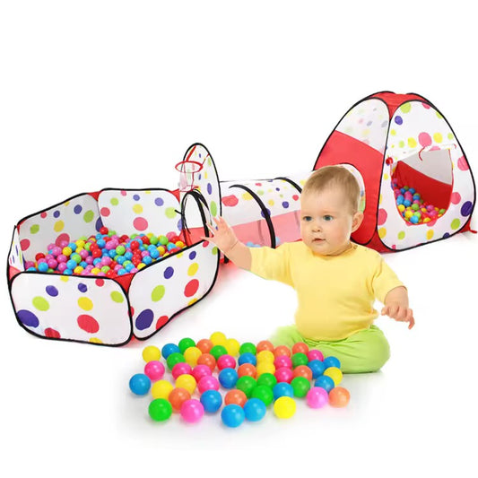 3 in 1 Set Kids Tent Play Tunnel, Baby Ball Pit with Basketball Hoop, Tunnel Crawl playhouse(Balls Not Included)