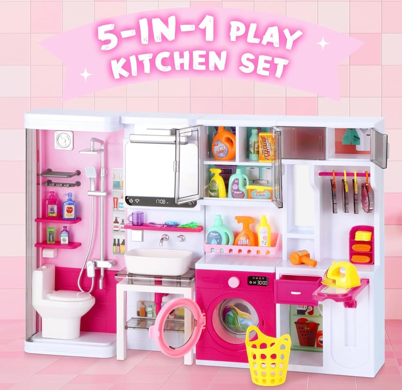 Mini Bathroom Playset, Play Bathroom Toys for Dolls with Lights & Sounds, Dressing Table, Furniture, Bathroom Accessories, 35PCS Kids Pink Pretend Play Toy Gifts for Girls 3 4 5 6 Year Old