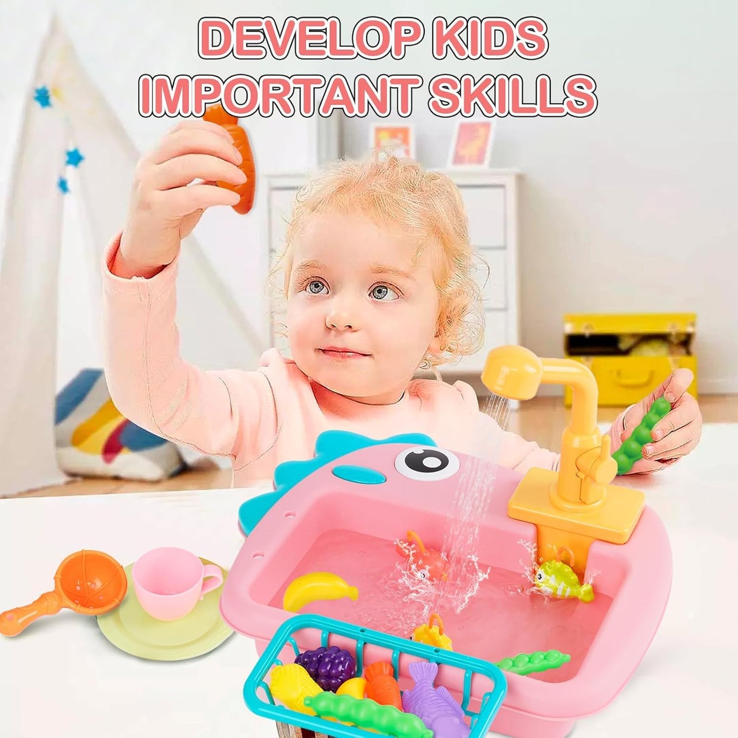 2 in 1 Dinosaur-themed kitchen sink playset with Fishing game & working tap!
