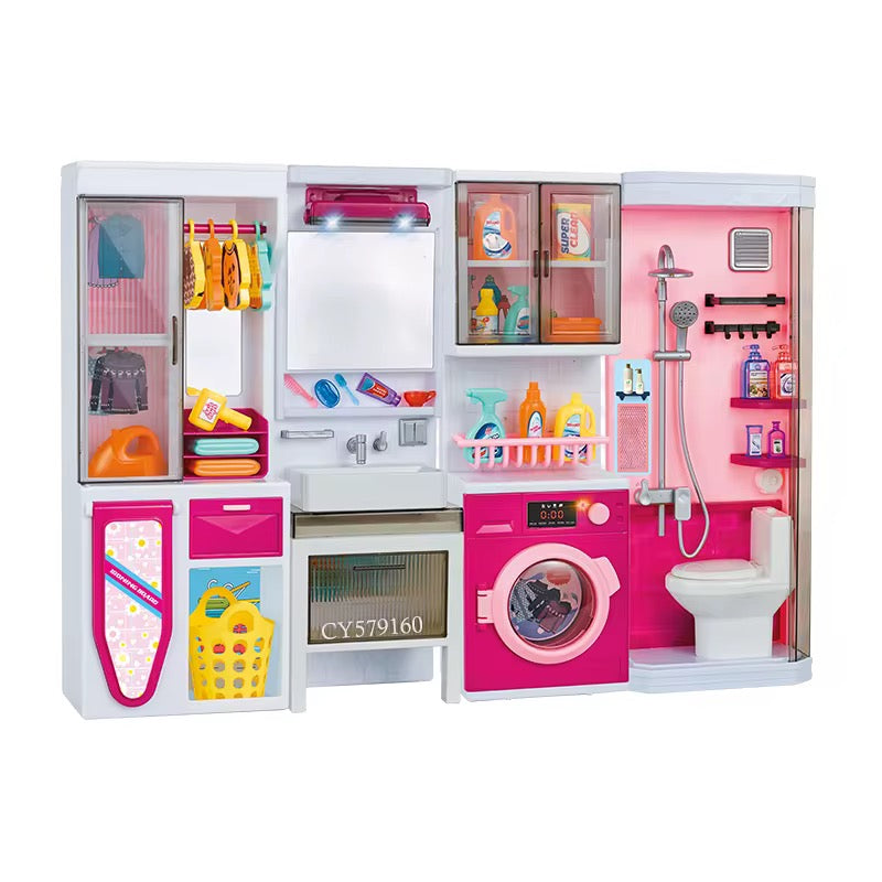 Mini Bathroom Playset, Play Bathroom Toys for Dolls with Lights & Sounds, Dressing Table, Furniture, Bathroom Accessories, 35PCS Kids Pink Pretend Play Toy Gifts for Girls 3 4 5 6 Year Old