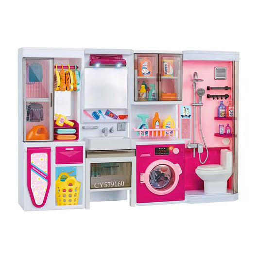 Mini Bathroom Playset, Play Bathroom Toys for Dolls with Lights & Sounds, Dressing Table, Furniture, Bathroom Accessories, 35PCS Kids Pink Pretend Play Toy Gifts for Girls 3 4 5 6 Year Old