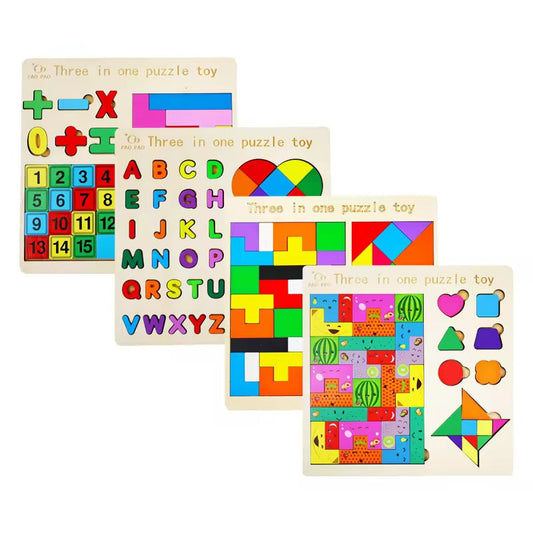 3-in-1 Wooden Puzzle Set – ABC, Shapes & 3D Puzzle Game for Kids | Educational Learning Toy
