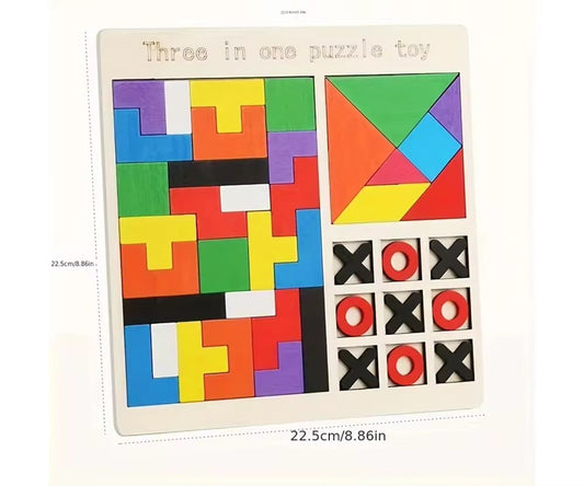 3-in-1 Wooden Puzzle Toy – 3D Jigsaw, XO Game & Thinking Trainer for Kids