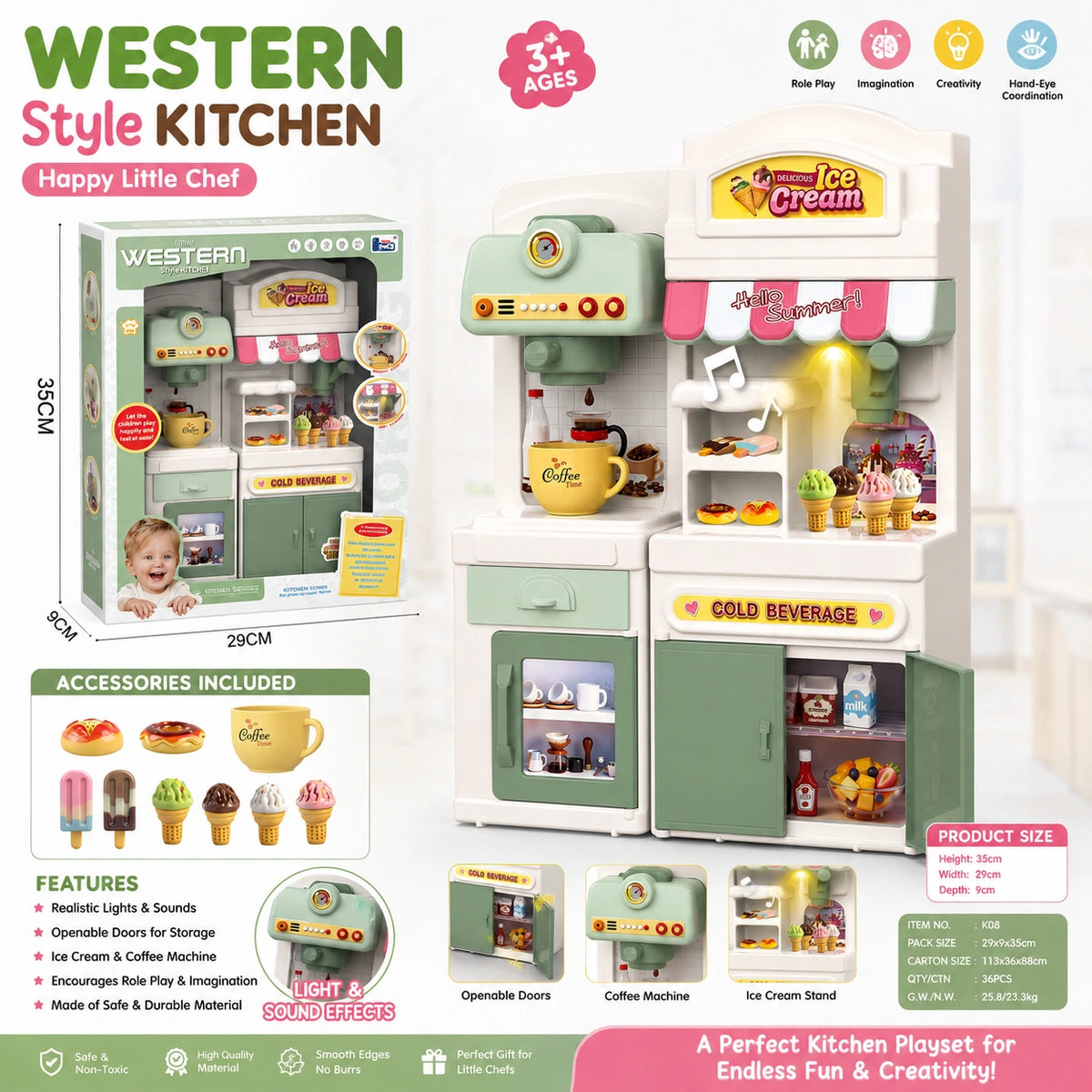 Western Style Kids Kitchen Set – Ice Cream & Coffee Play Station