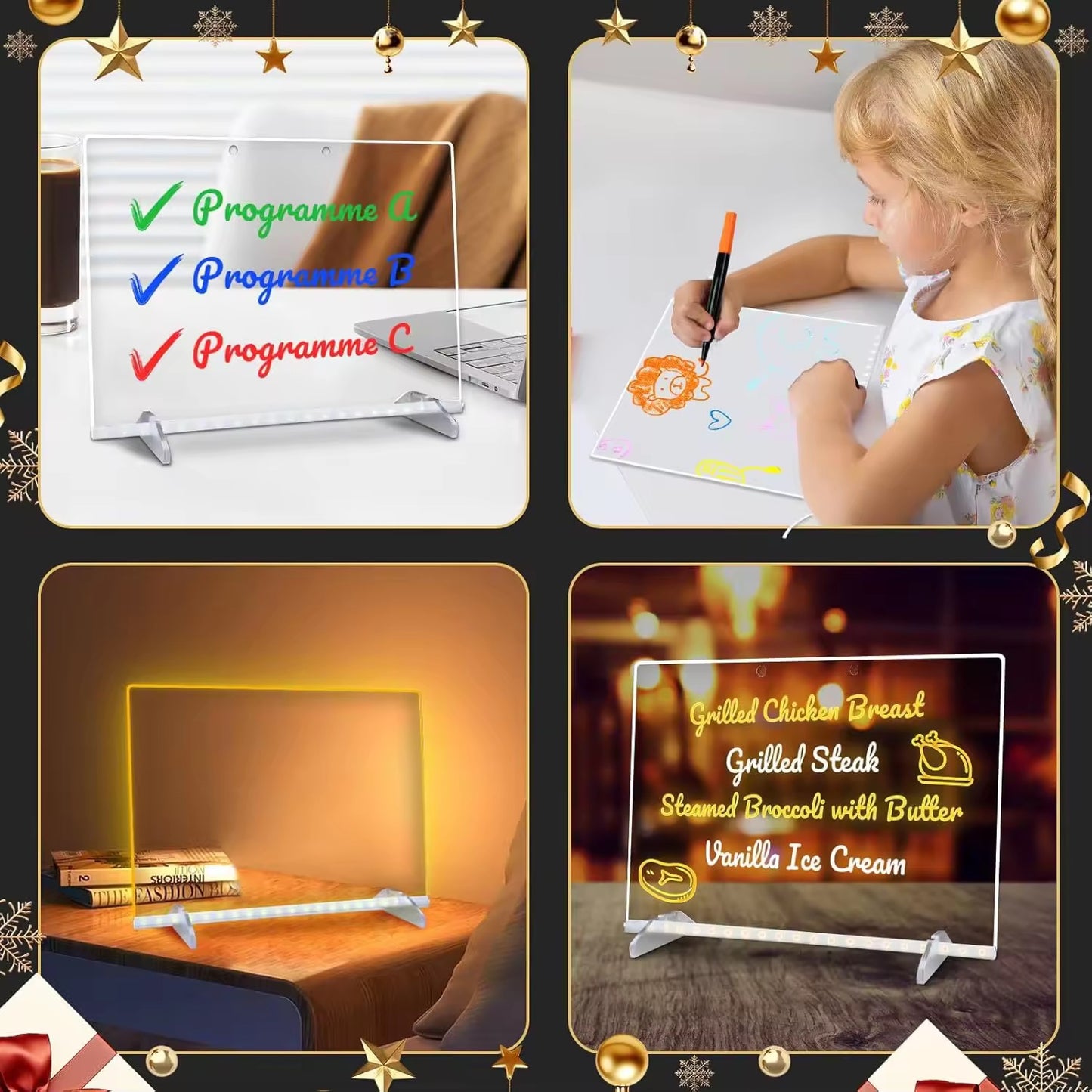 ✨ LED Acrylic Writing Board with Stand & Colourful Markers (Removable Template