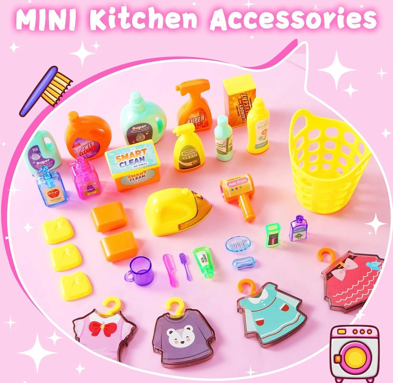 Mini Bathroom Playset, Play Bathroom Toys for Dolls with Lights & Sounds, Dressing Table, Furniture, Bathroom Accessories, 35PCS Kids Pink Pretend Play Toy Gifts for Girls 3 4 5 6 Year Old