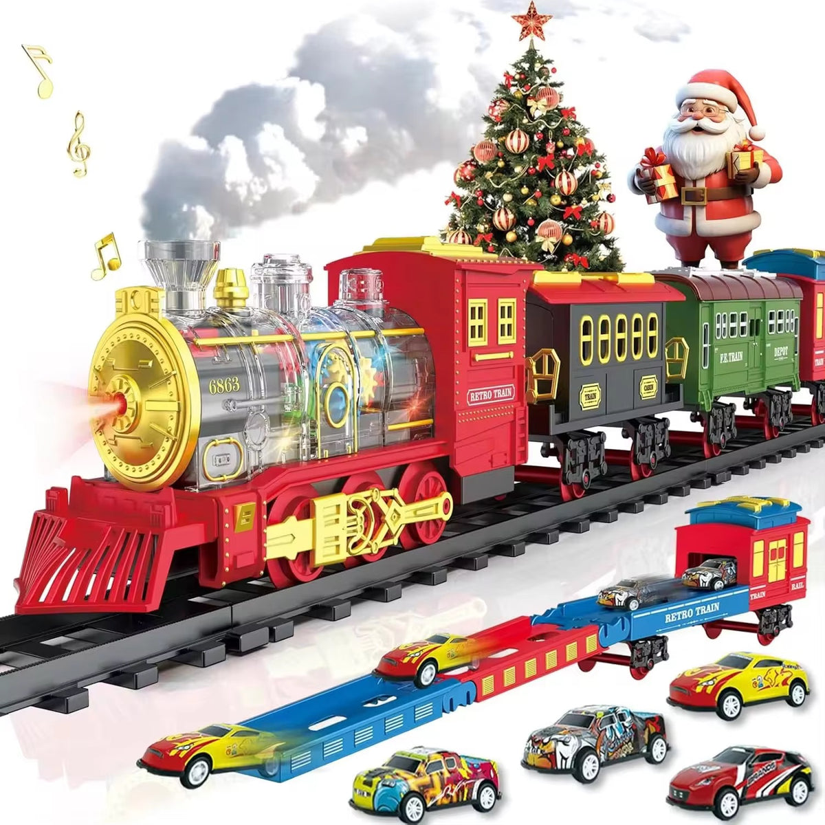 Electric Steam Train Set – Light, Sound & Smoke with Bonus Car Transporter