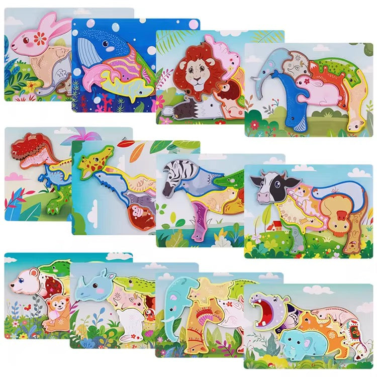 Montessori Wooden Animal & Shape Puzzle – 3D Early Learning Toy for Toddlers Random Design