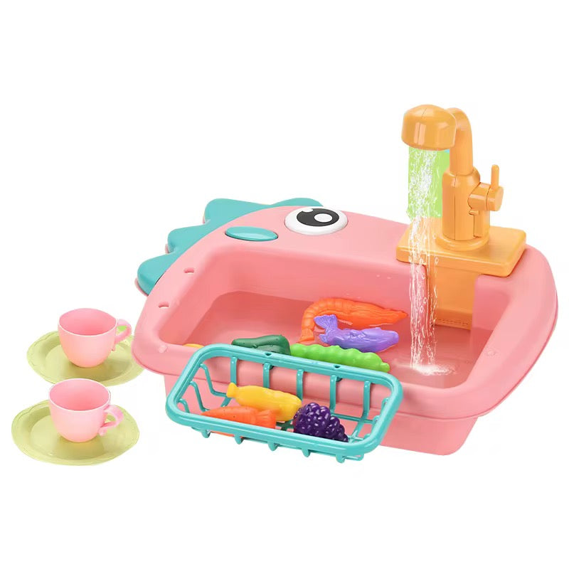 2 in 1 Dinosaur-themed kitchen sink playset with Fishing game & working tap!