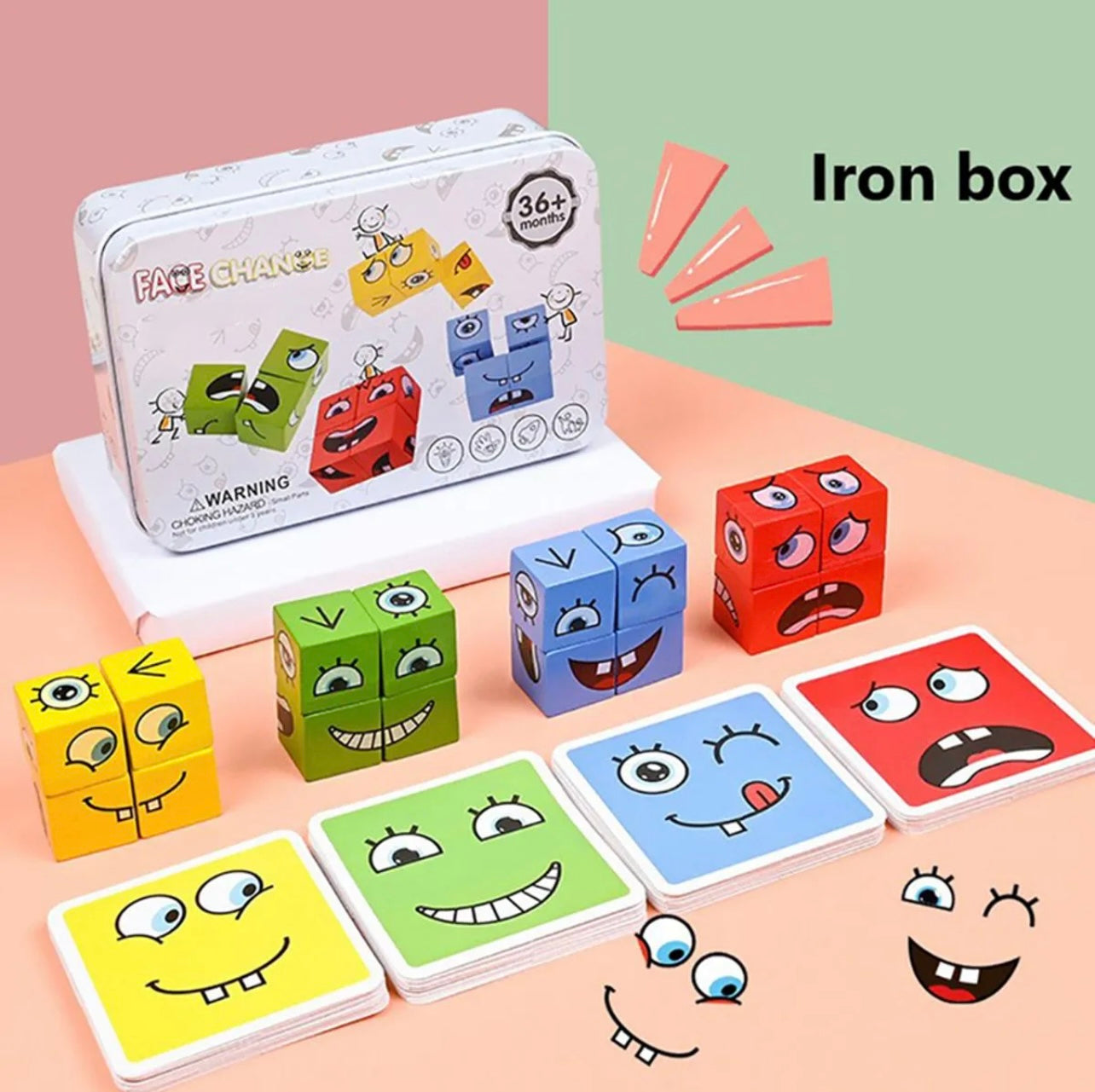 Wooden Face Changing Expression Puzzle Game with metal box