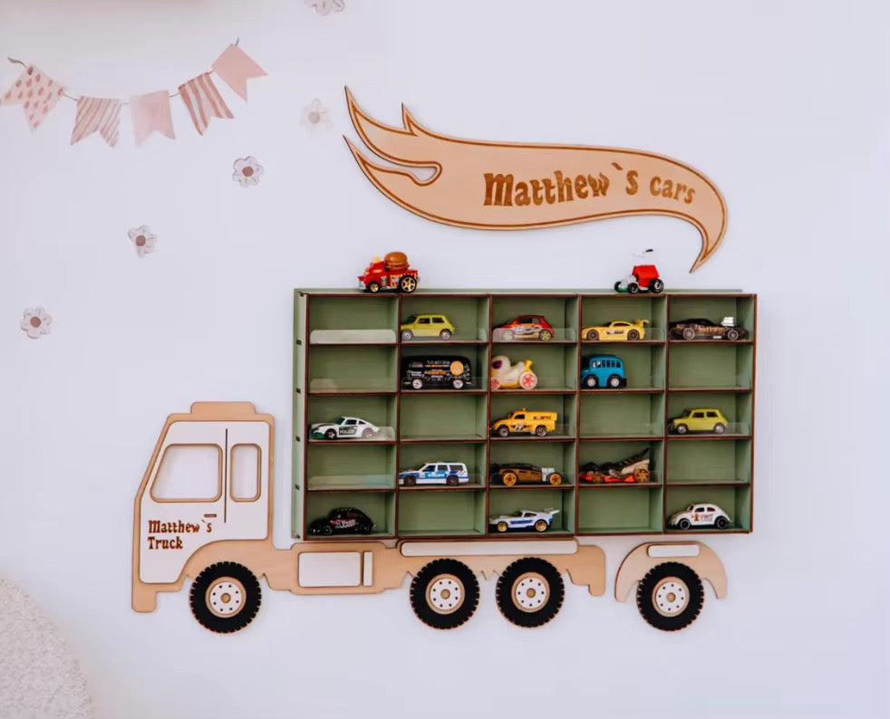 Wood Toy Car Display Rack, Holds 20 Diecast Cars Model Car Display Case 1/64 Scale Toy Cars Organizer Freestanding Or Wall-Mounted Toy Car Storage Cabinet
