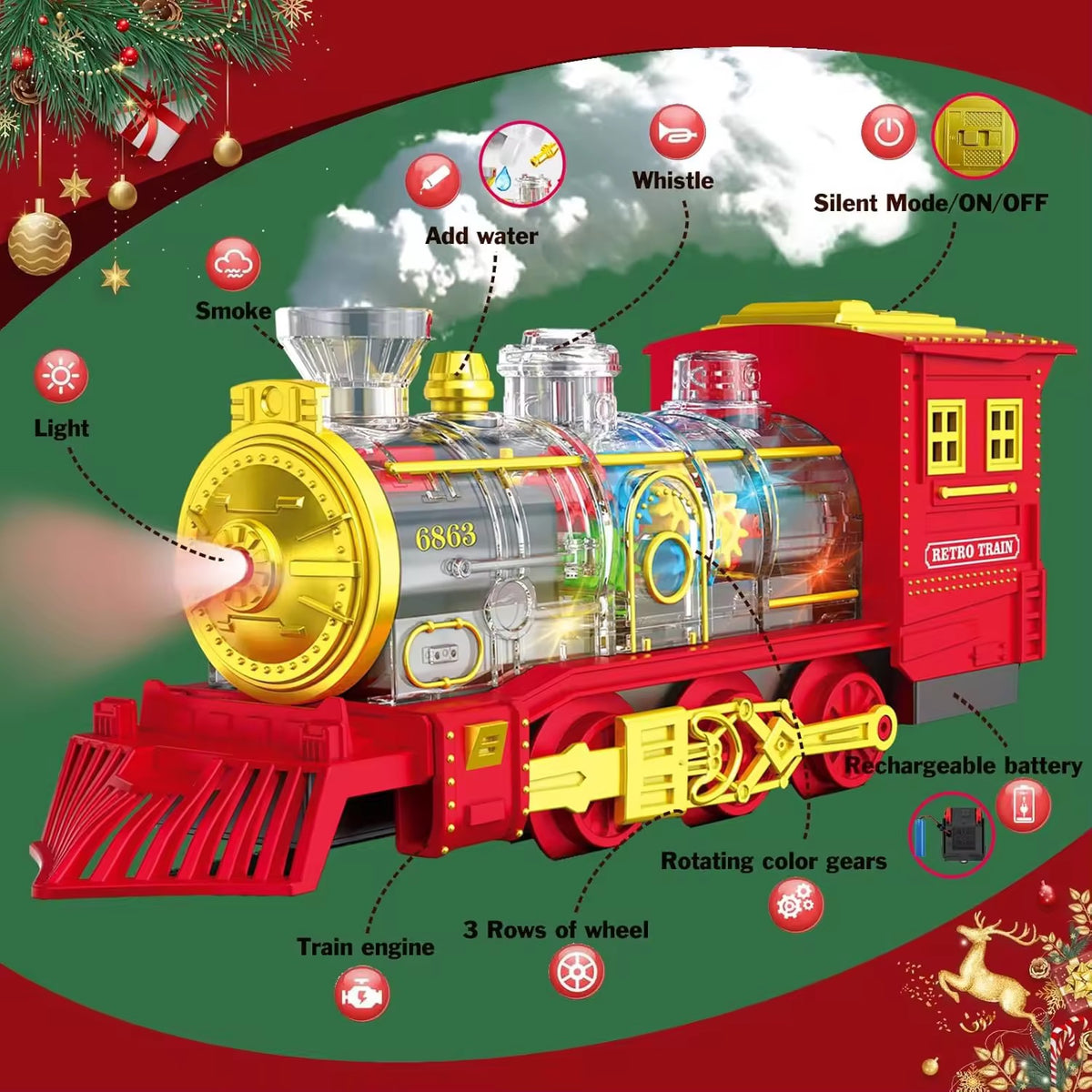 Electric Steam Train Set – Light, Sound & Smoke with Bonus Car Transporter