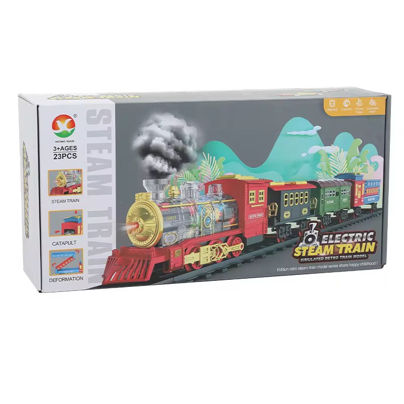 Electric Steam Train Set – Light, Sound & Smoke with Bonus Car Transporter