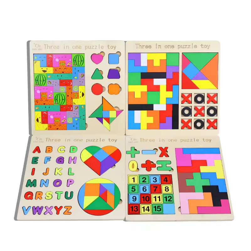 3-in-1 Wooden Puzzle Set – ABC, Shapes & 3D Puzzle Game for Kids | Educational Learning Toy