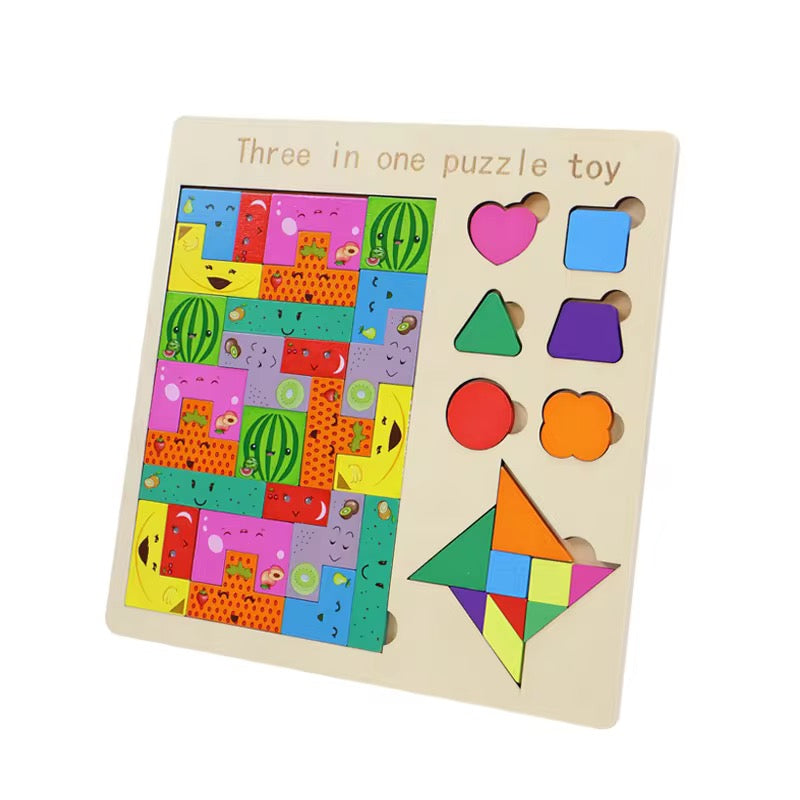 3-in-1 Wooden Puzzle Set – ABC, Shapes & 3D Puzzle Game for Kids | Educational Learning Toy