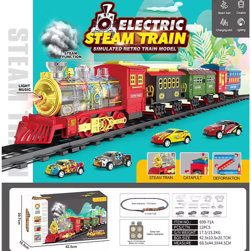 Electric Steam Train Set – Light, Sound & Smoke with Bonus Car Transporter