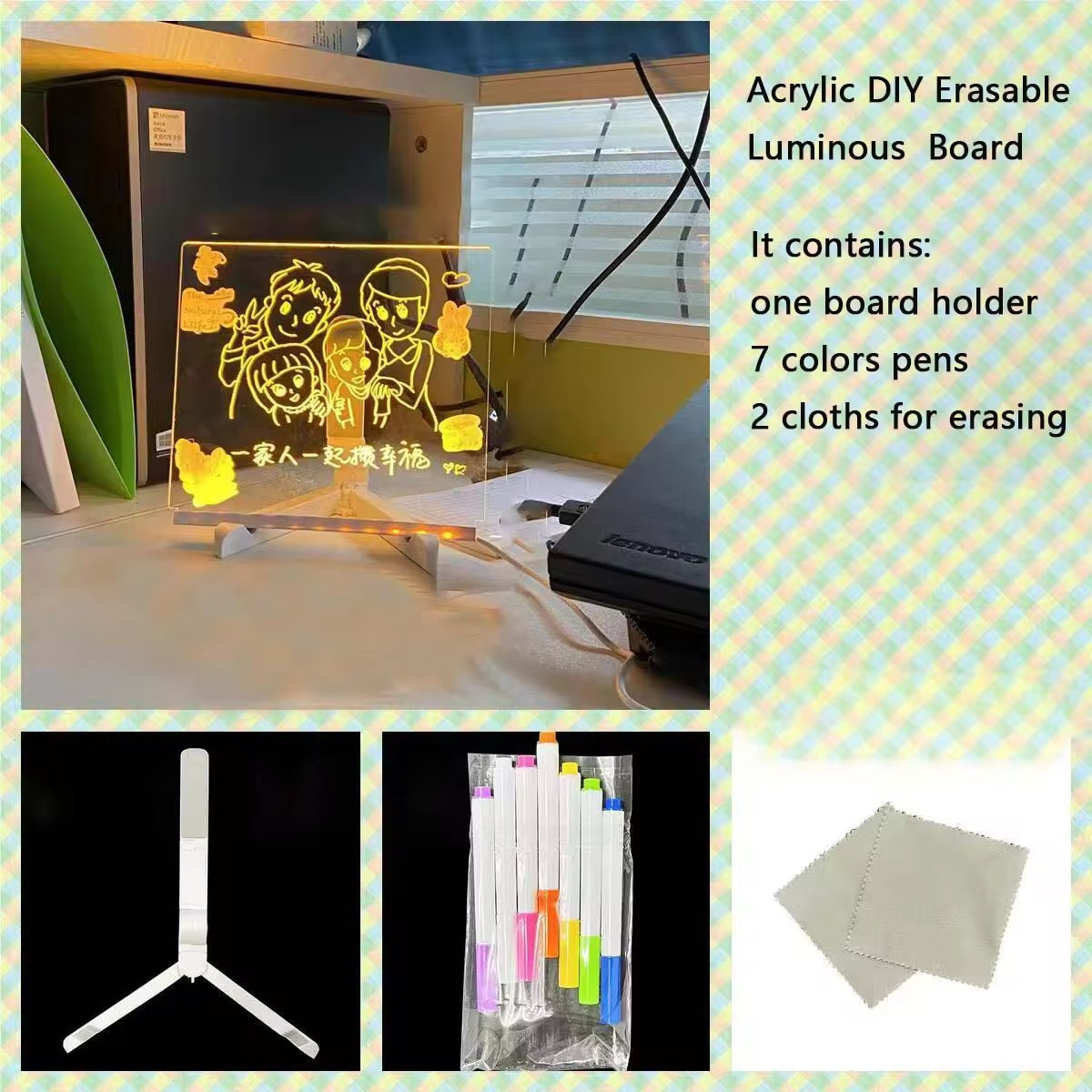✨ LED Acrylic Writing Board with Stand & Colourful Markers (Removable Template