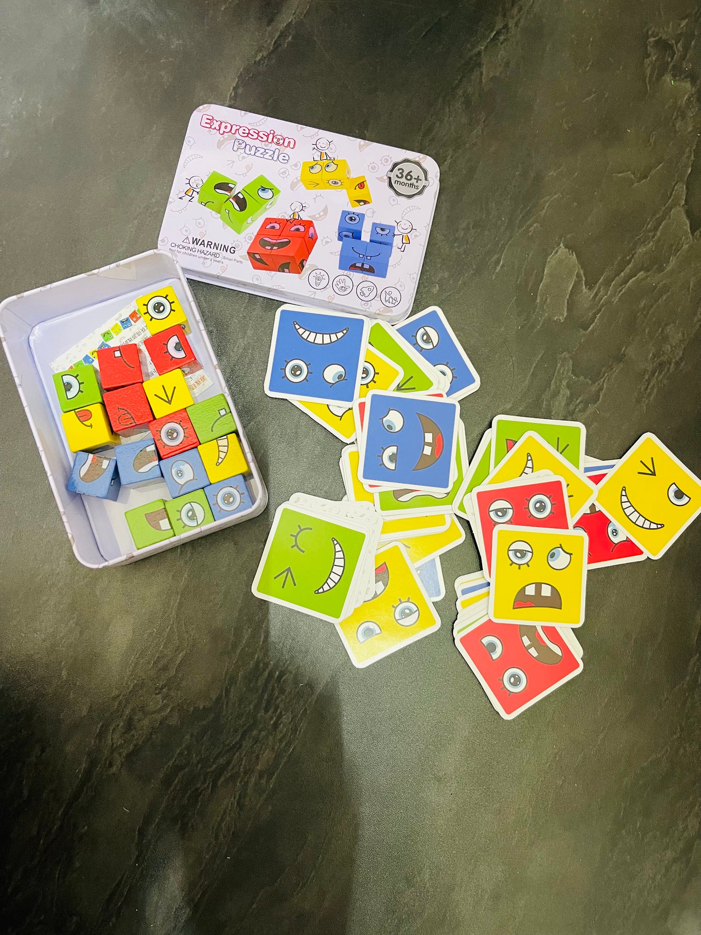 Wooden Face Changing Expression Puzzle Game with metal box