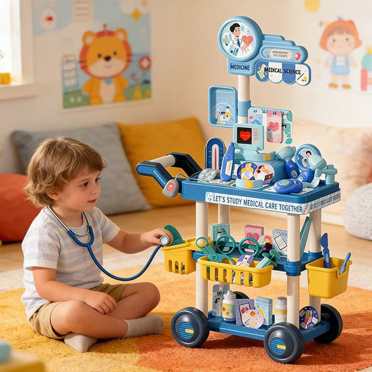 65-piece kids' medical cart playset with pretend doctor tools, a monitor, and medicine accessories