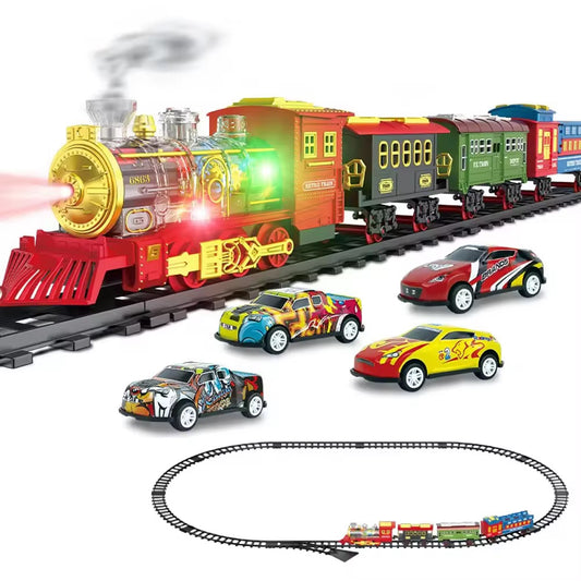 Electric Steam Train Set – Light, Sound & Smoke with Bonus Car Transporter