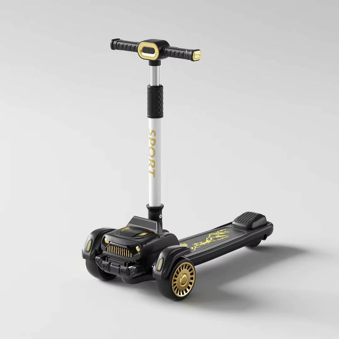Car Shape Rolls Royce Adjustable Height Kids Scooter With Light & Music - Black and Gray