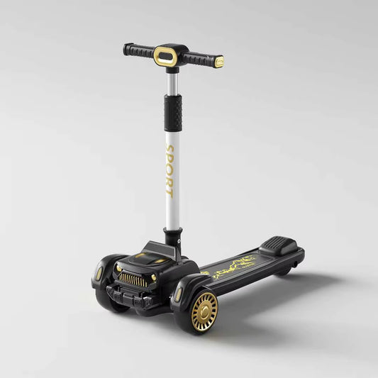 Car Shape Rolls Royce Adjustable Height Kids Scooter With Light & Music - Black and Gray