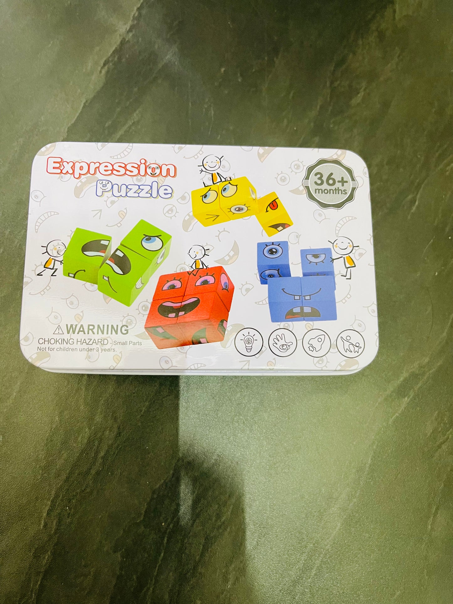 Wooden Face Changing Expression Puzzle Game with metal box