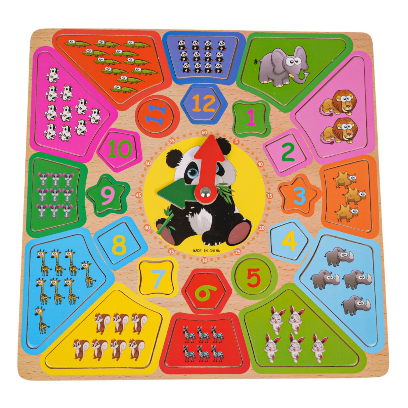 Educational wooden clock board with numbers and animals