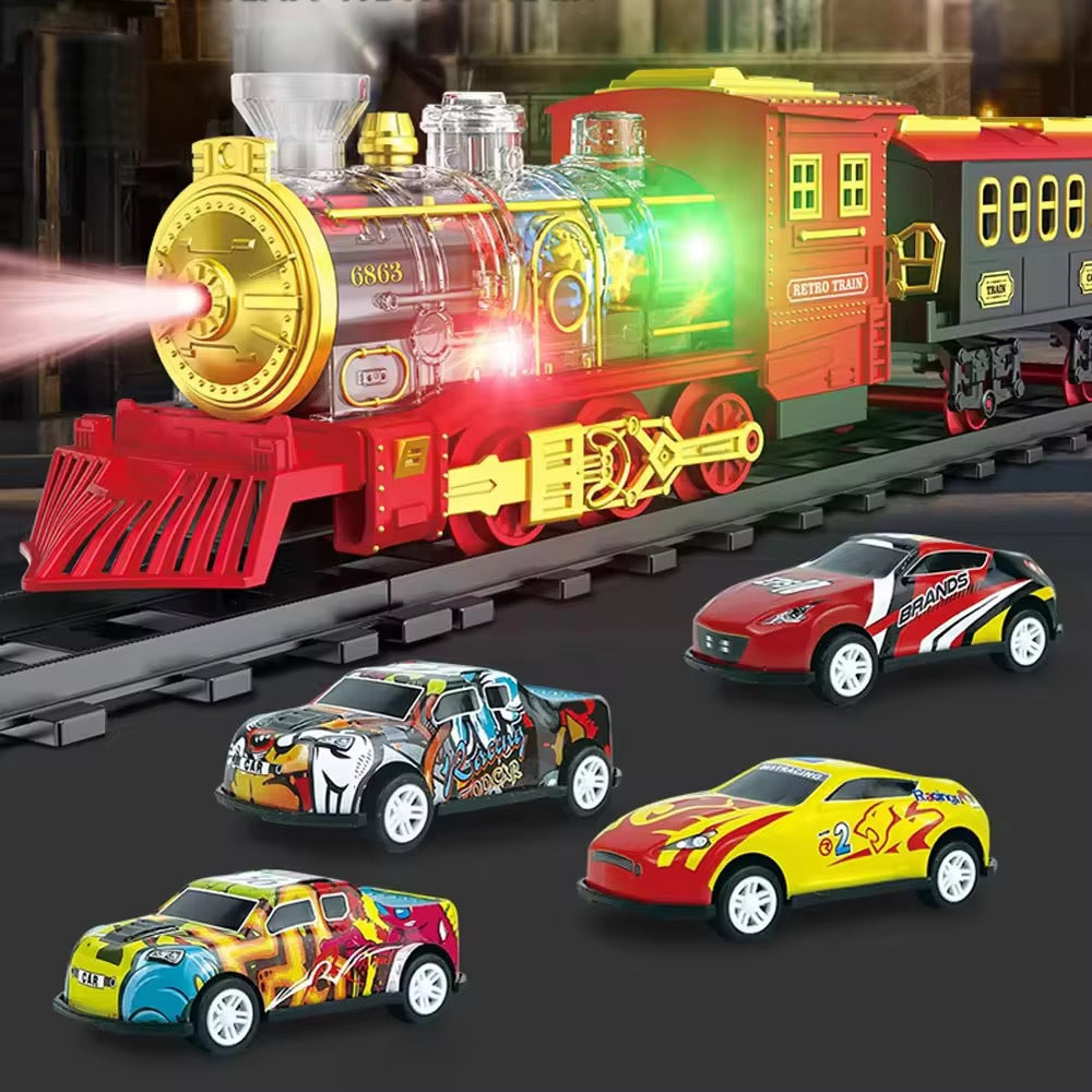 Electric Steam Train Set – Light, Sound & Smoke with Bonus Car Transporter