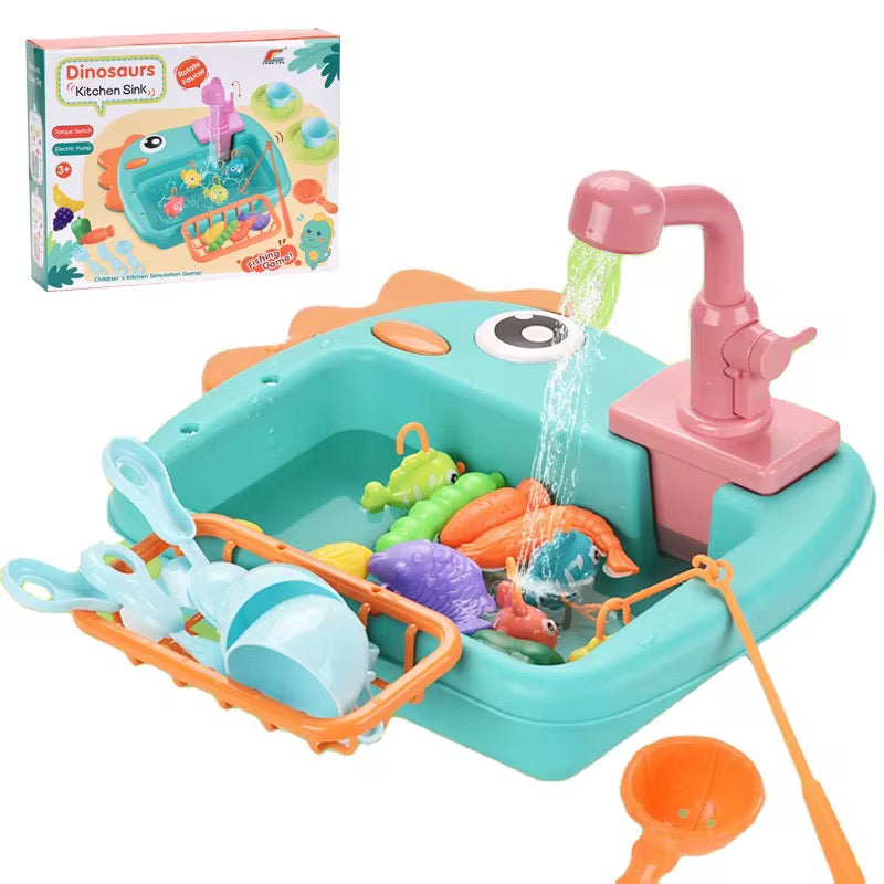 2 in 1 Dinosaur-themed kitchen sink playset with Fishing game & working tap!