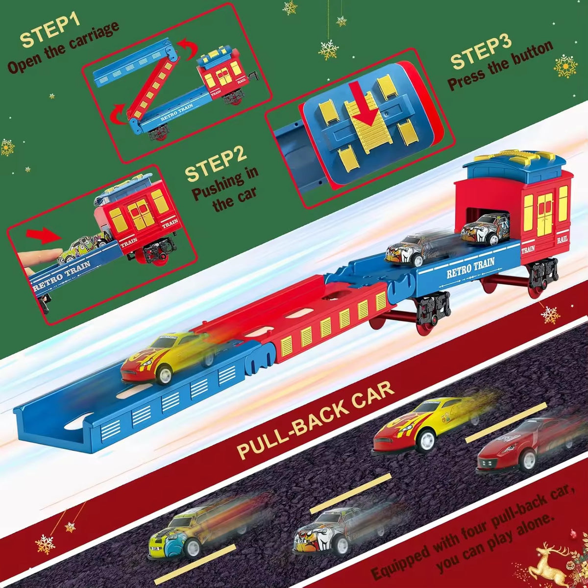 Electric Steam Train Set – Light, Sound & Smoke with Bonus Car Transporter