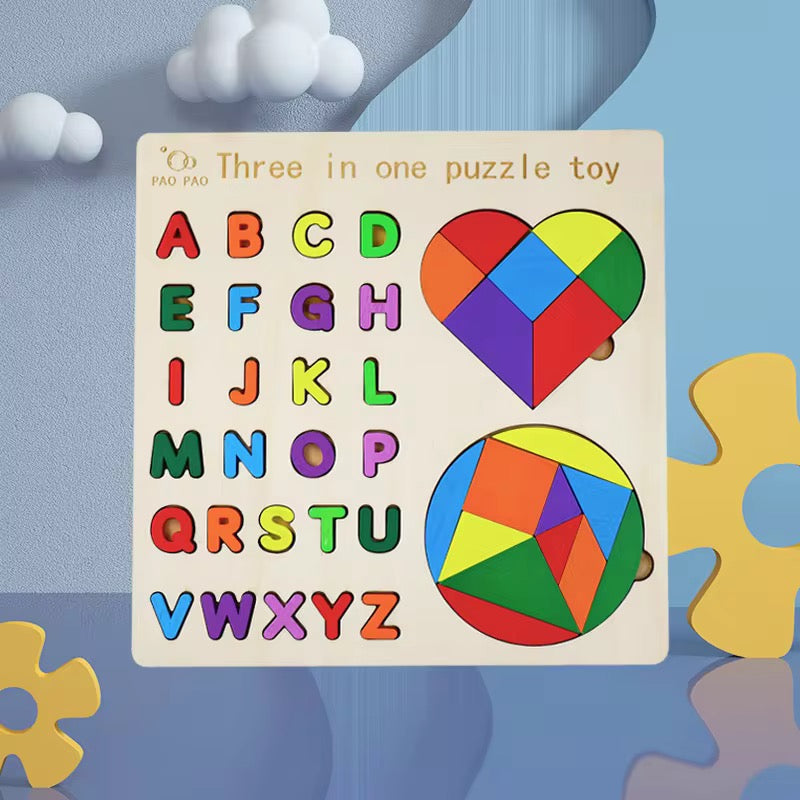 3-in-1 Wooden Puzzle Set – ABC, Shapes & 3D Puzzle Game for Kids | Educational Learning Toy