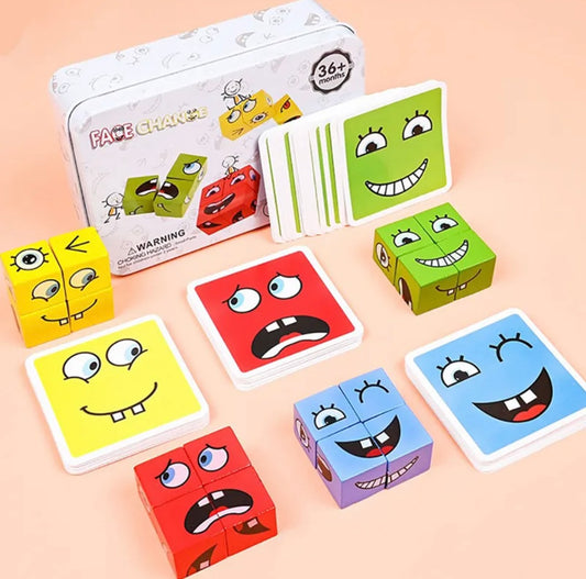 Wooden Face Changing Expression Puzzle Game with metal box