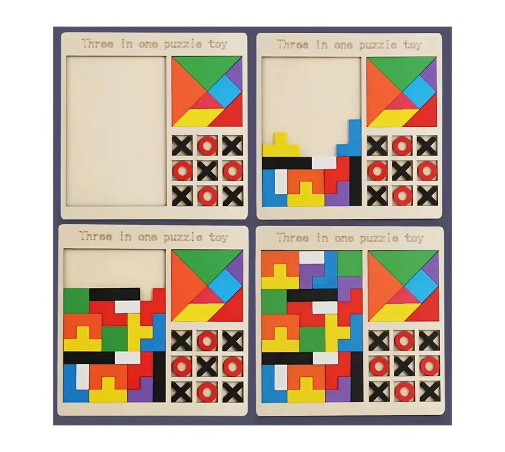 3-in-1 Wooden Puzzle Toy – 3D Jigsaw, XO Game & Thinking Trainer for Kids