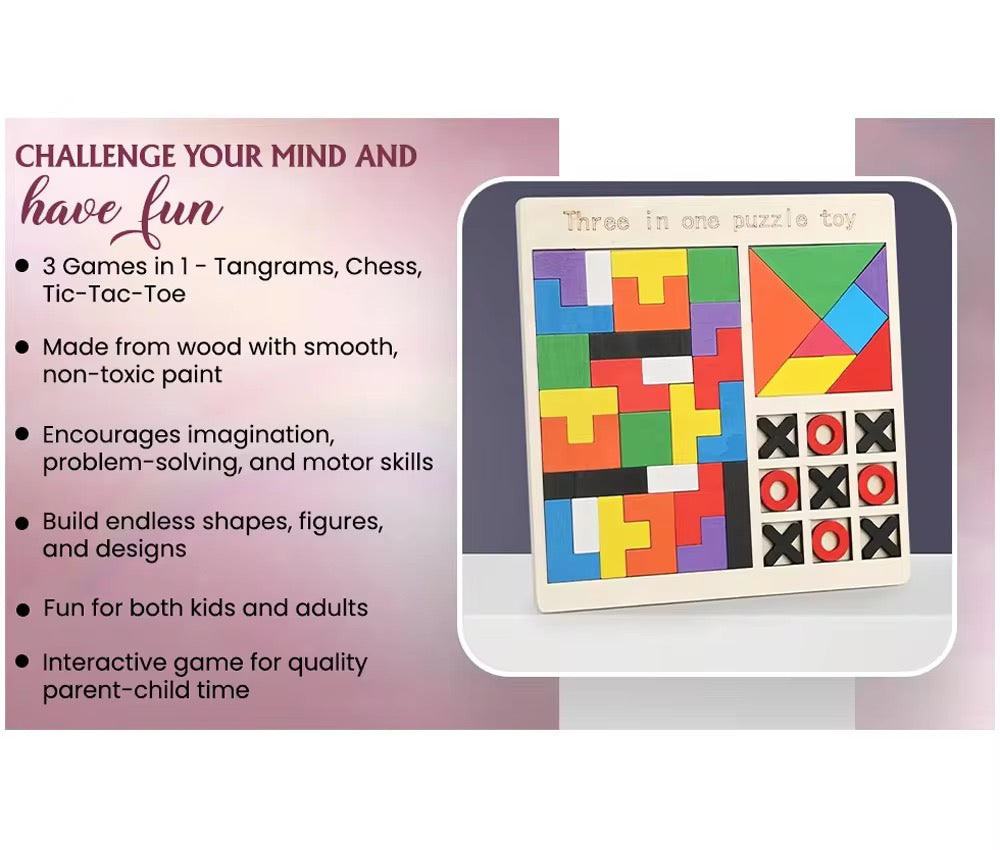 3-in-1 Wooden Puzzle Toy – 3D Jigsaw, XO Game & Thinking Trainer for Kids