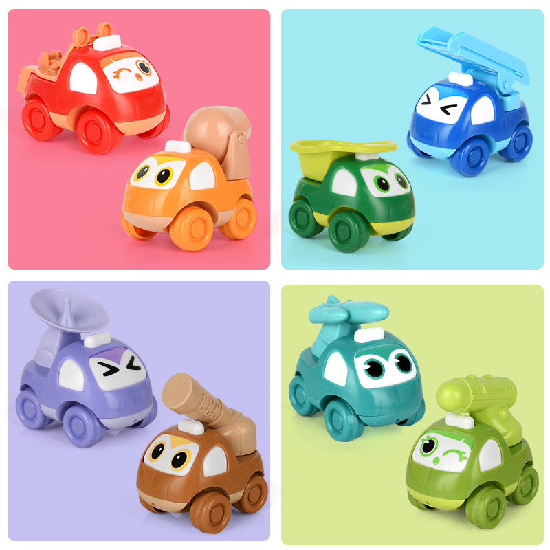 Pack of 4 Mini Cartoon Cars – Inertia Cars with Fun Accessories