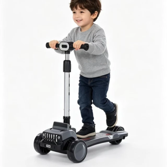 Kids 3-Wheel Scooty for Boys & Girls – Car Style Front Display Light-Up Tyres Music & Bluetooth