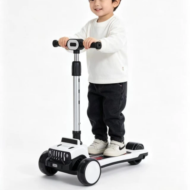 Kids 3-Wheel Scooty for Boys & Girls – Car Style Front Display Light-Up Tyres Music & Bluetooth